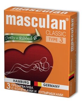 Розовые презервативы Masculan Classic Dotty+Ribbed с колечками и пупырышками - 3 шт.