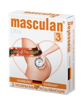 Розовые презервативы Masculan Ultra Long Pleasure с колечками, пупырышками и продлевающим эффектом - 3 шт.