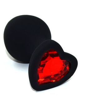 Черная анальная силиконовая пробка с красным кристаллом в форме сердца - 8,8 см.