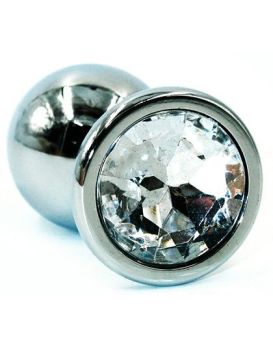 Серебристая коническая анальная втулка с прозрачным кристаллом - 8 см.