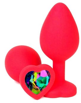Красная силиконовая пробка с разноцветным кристаллом-сердечком - 7 см.