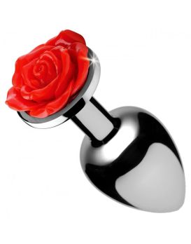 Серебристая анальная пробка с розой Red Rose Butt Plug - 8 см.