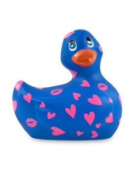 Синий вибратор-уточка I Rub My Duckie 2.0 Romance с розовым принтом