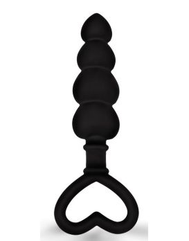 Черная рельефная анальная цепочка с ручкой-сердечком - 15 см.