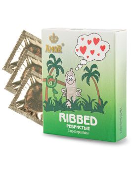 Ребристые презервативы AMOR Ribbed  Яркая линия  - 3 шт.