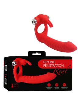 Красная вибронасадка Double Penetration Real с клиторальным зайчиком