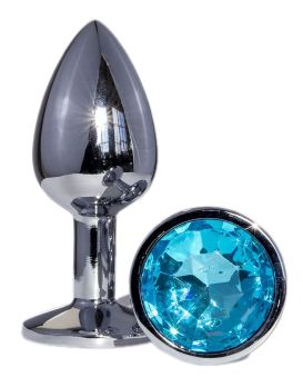 Металлическая анальная втулка с голубым кристаллом - 7,2 см.