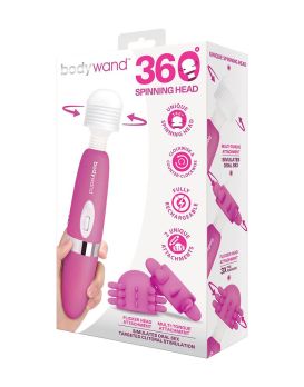 Розовый ротационный жезловый вибратор с двумя насадками 360° Spinning Head Wand Massager Set