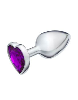 Серебристая анальная пробка с фиолетовым кристаллом в форме сердца - 7 см.