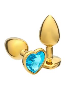 Золотистая анальная пробка с голубым кристаллом в форме сердца - 7 см.