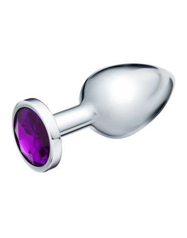 Серебристая металлическая анальная пробка с фиолетовым кристаллом - 8 см.