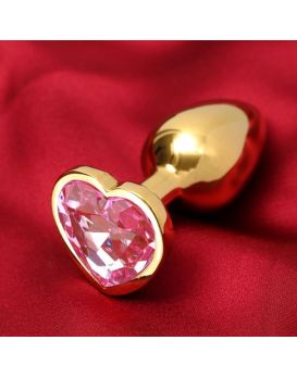 Золотистая анальная пробка с розовым кристаллом в форме сердца - 7 см.