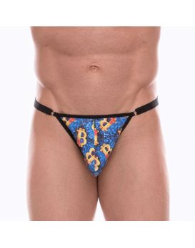 Синие мужские трусы-тонги с разноцветным принтом