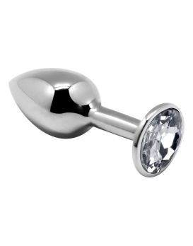 Серебристая анальная втулка с прозрачным кристаллом Mini Metal Butt Plug Size S - 7 см.