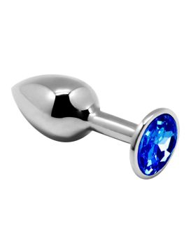 Серебристая анальная втулка с синим кристаллом Mini Metal Butt Plug Size S - 7 см.