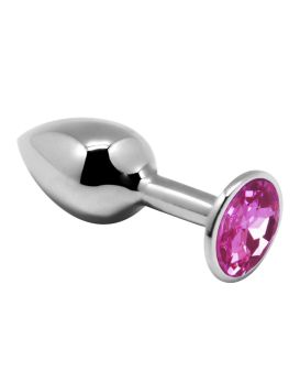 Серебристая анальная втулка с розовым кристаллом Mini Metal Butt Plug Size S - 7 см.