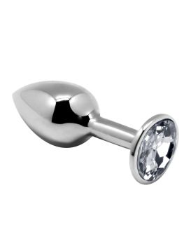 Серебристая анальная втулка с прозрачным кристаллом Mini Metal Butt Plug Size M - 8 см.