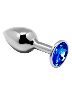 Серебристая анальная втулка с синим кристаллом Mini Metal Butt Plug Size M - 8 см.