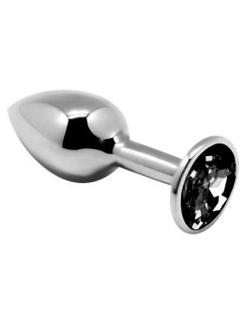 Серебристая анальная втулка с черным кристаллом Mini Metal Butt Plug Size M - 8 см.