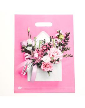 Розовый пакет с цветочным принтом и вырубной ручкой (40х31 см)