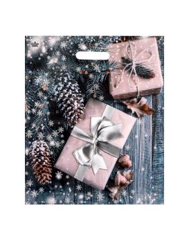 Новогодний пакет с принтом в виде подарков и вырубной ручкой (45х38 см)