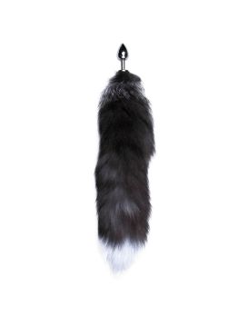 Серебристая анальная пробка с темным лисьим хвостом Black   White Fox Tail Size S