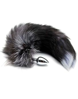 Серебристая анальная пробка с темным лисьим хвостом Black   White Fox Tail Size S