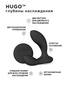 Черный вибромассажер простаты с пультом ДУ Hugo 2 Remote