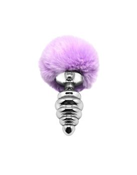Серебристая анальная пробка с сиреневым мехом Metal Anal Fluffly Twist Plug L
