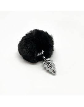 Серебристая анальная пробка с черным хвостиком Metal Anal Fluffly Twist Plug S