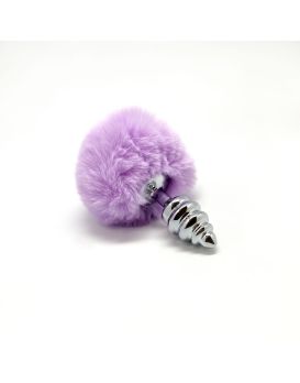Серебристая анальная пробка с сиреневым помпоном Metal Anal Fluffly Twist Plug S