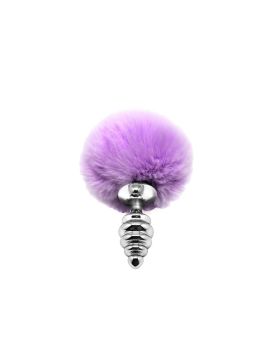 Серебристая анальная пробка с сиреневым помпоном Metal Anal Fluffly Twist Plug S