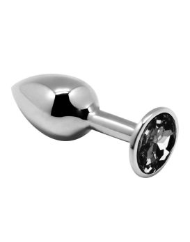 Серебристая анальная втулка с черным кристаллом Mini Metal Butt Plug Size S - 7 см.