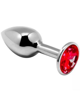 Серебристая анальная втулка с красным кристаллом Mini Metal Butt Plug Size S - 7 см.