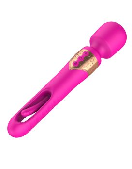 Розовый двусторонний wand-вибратор с функцией фингеринга - 26 см.