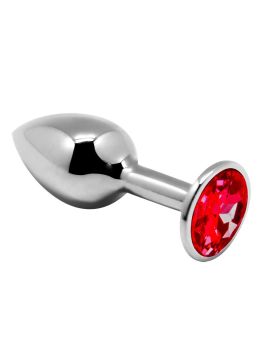 Серебристая анальная втулка Mini Metal Butt Plug Size M с красным кристаллом