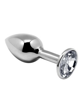 Серебристая анальная втулка с прозрачным кристаллом Mini Metal Butt Plug Size L - 9 см.
