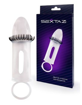 Закрытая насадка на пенис с подхватом мошонки и стимулирующими «ресничками»