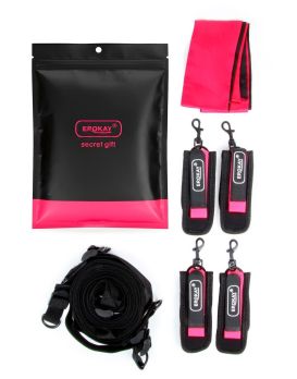 Черно-розовый эротический набор: фиксатор, оковы, наручники, повязка