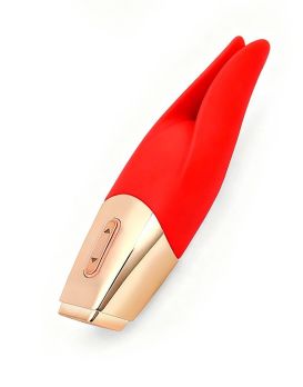 Красный мини-вибратор с раздвоенным кончиком - 12,3 см.
