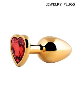 Золотистая анальная пробка с красным кристаллом - 9 см.