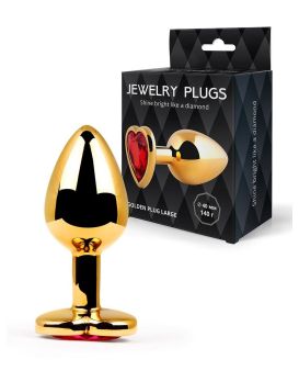 Золотистая анальная пробка с красным кристаллом - 9 см.