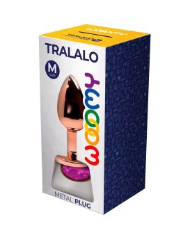 Золотистая анальная втулка Wooomy Tralalo M с розовым кристаллом - 8 см.