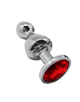 Серебристая анальная втулка Wooomy Lollypop M с красным кристаллом - 9,4 см.