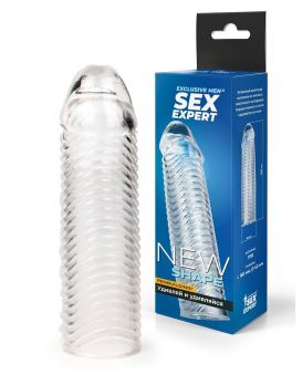 Прозрачная закрытая насадка на пенис с ребрышками - 16 см.