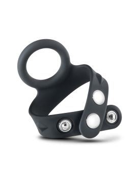 Черное эрекционное кольцо с подхватом мошонки на кнопках VS6