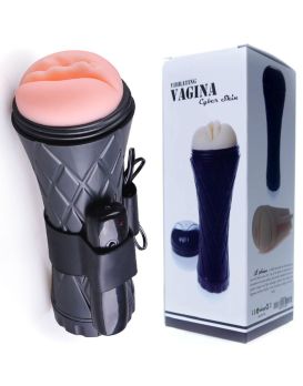 Телесный мастурбатор-вагина в черной колбе с вибрацией