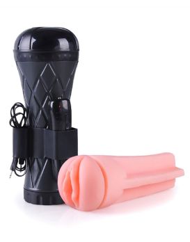 Телесный мастурбатор-вагина в черной колбе с вибрацией