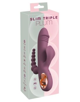 Сливовый вибратор с клиторальным отростком и анальным хвостом Slim Triple Plum - 21,4 см.