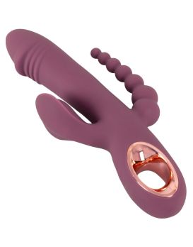 Сливовый вибратор с клиторальным отростком и анальным хвостом Slim Triple Plum - 21,4 см.